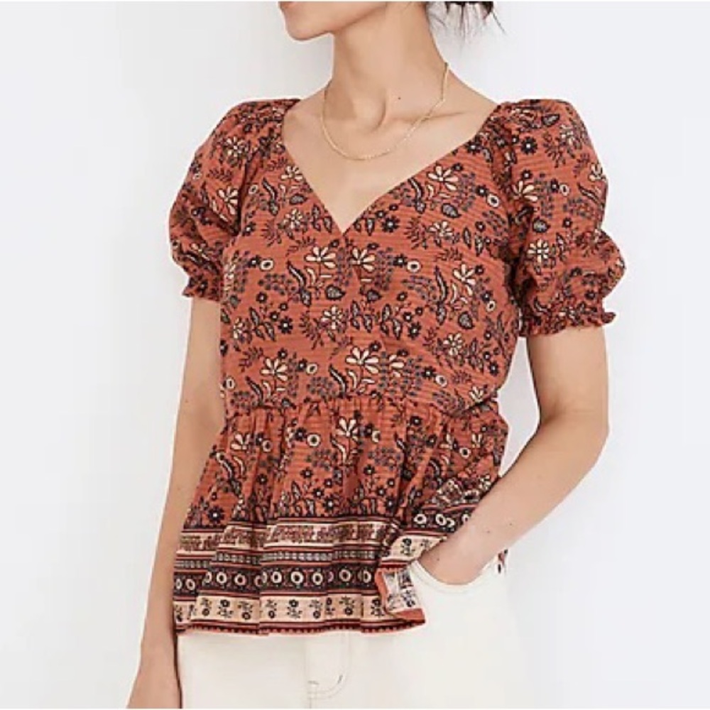 Madewell Puff-Sleeve Peplum Top in Cavoli Floral Size M